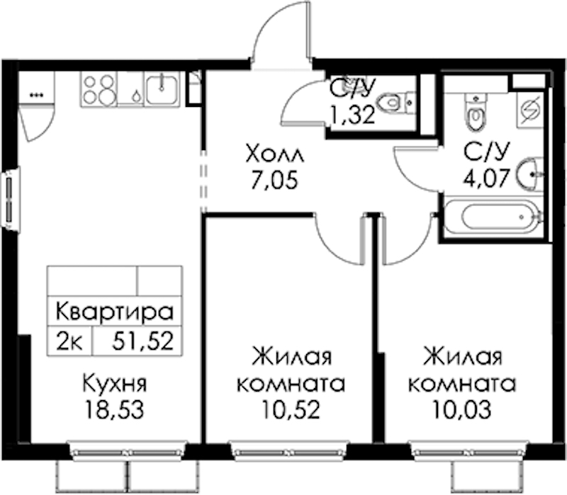 2-комнатная квартира 51.52 м², 12/15 эт., ЖК «Янинский лес»